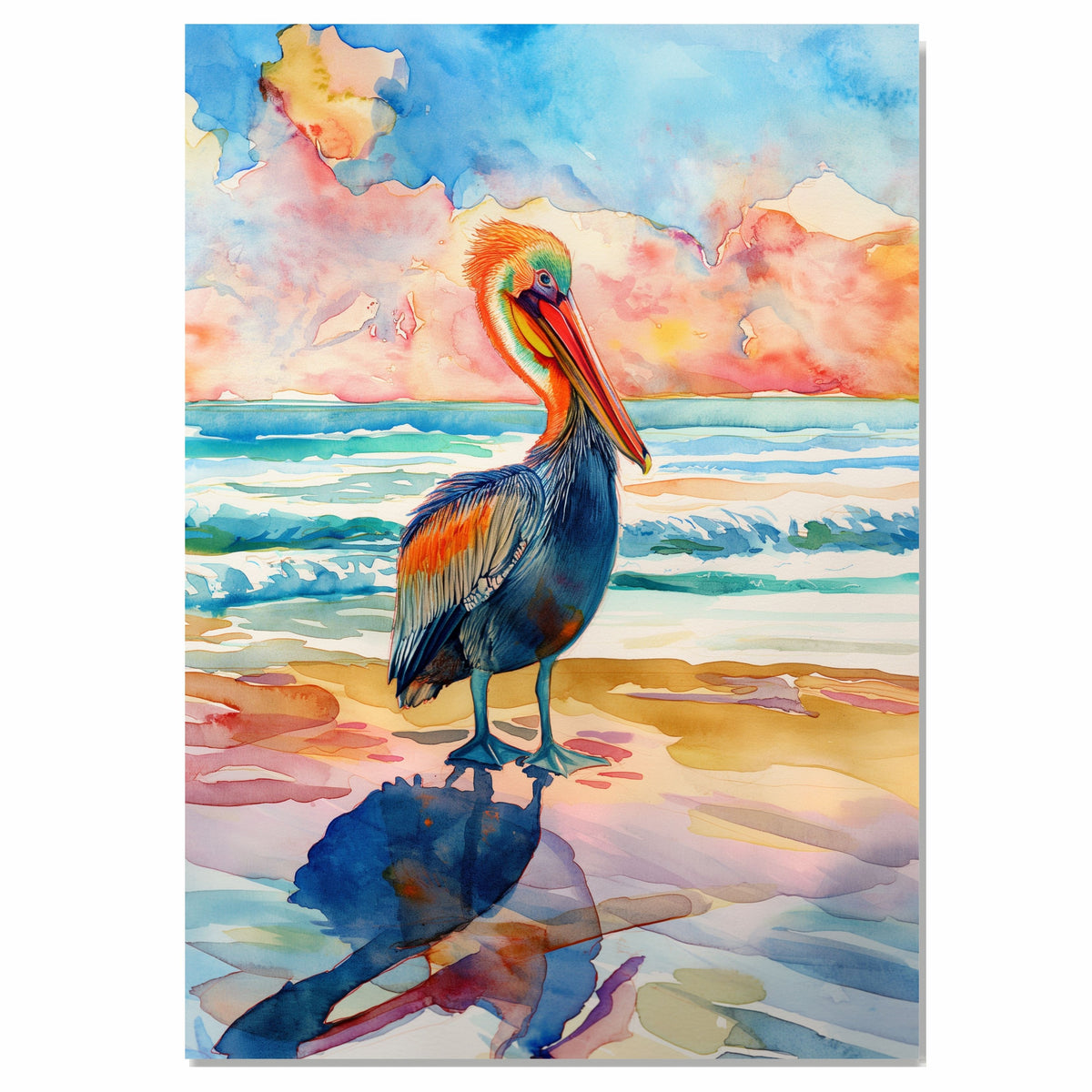 Vibrant Pelican Watercolor Painting with Colorful Ocean Waves and Sunset Reflection Scene on Ready to Hang 1.5" Thick Canvas Wrap, Floating Framed Canvas, Flat Rolled Canvas
