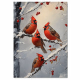 Festive Retro Painting of Four Red Cardinals on Snowy Berry Branches with Winter Background Perfect for Christmas Decor or Seasonal Bird Lover Gift on Ready to Hang 1.5" Thick Canvas Wrap, Floating Framed Canvas, Flat Rolled Canvas