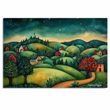 Whimsical Christmas Village on Rolling Hills Under Starry Sky – Folk Art Landscape Painting on Ready to Hang 1.5" Thick Canvas Wrap, Floating Framed Canvas, Flat Rolled Canvas
