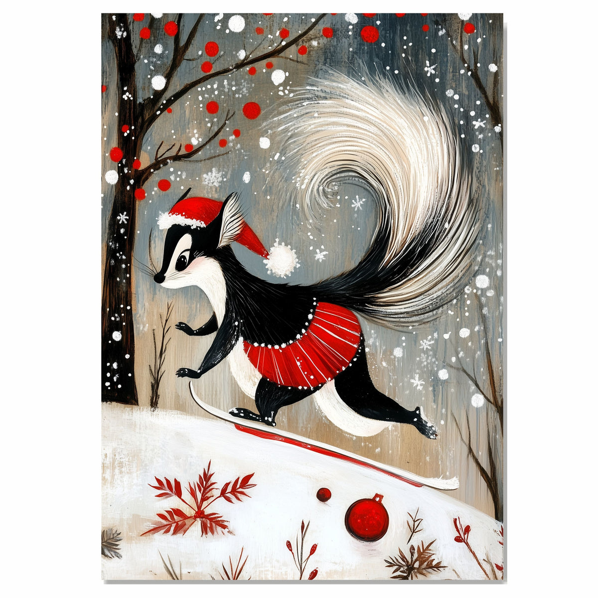 Whimsical Christmas Skunk on Ice – Cute Woodland Skating Animal Art Print in Red Tutu & Santa Hat, Adorable Winter Holiday Wall Decor for Animal Lovers on Ready to Hang 1.5" Thick Canvas Wrap, Floating Framed Canvas, Flat Rolled Canvas