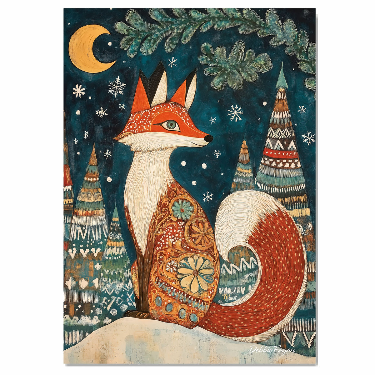 Whimsical Winter Fox Canvas – Decorative Red Fox with Snowflakes and Trees Under a Moonlit Sky on Ready to Hang 1.5" Thick Canvas Wrap, Floating Framed Canvas, Flat Rolled Canvas