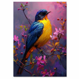 Yellow and Blue Songbird Resting on a Blossom-Filled Branch with Rich Purple and Pink Background on Ready to Hang 1.5" Thick Canvas Wrap, Floating Framed Canvas, Flat Rolled Canvas