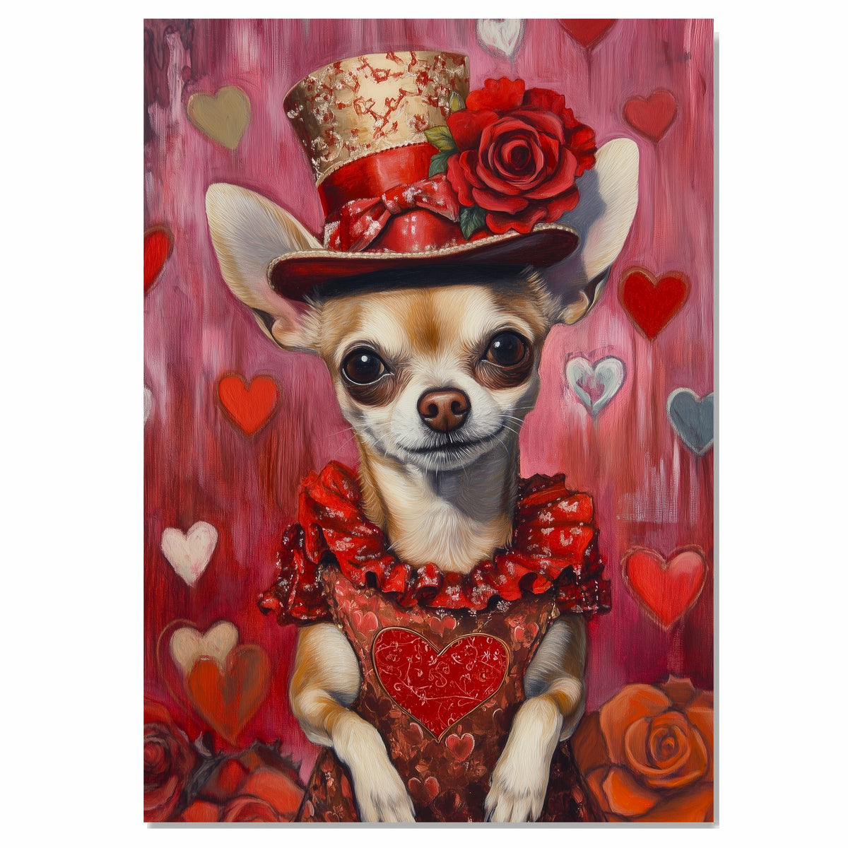Royal Charm: Chihuahua in an Elegant European Red Dress and Hat with a Heartfelt Touch Sophisticated Painting on Ready to Hang 1.5" Thick Canvas Wrap, Floating Framed Canvas, Flat Rolled Canvas