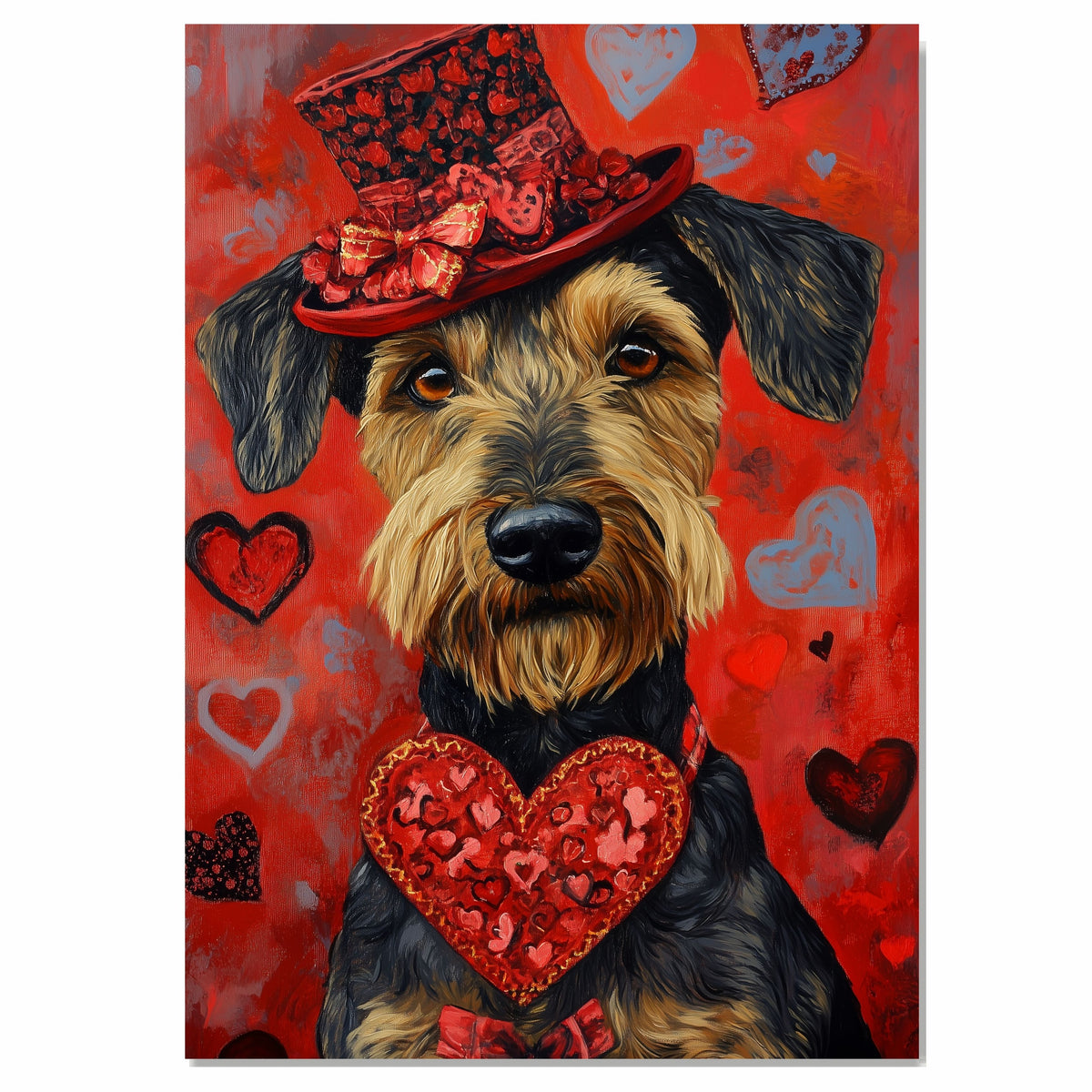 Heartfelt Charm: Airedale Dog in a Stylish Red Hat Surrounded by Love - Endearing Valentine's Painting on Ready to Hang 1.5" Thick Canvas Wrap, Floating Framed Canvas, Flat Rolled Canvas