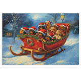 Doxie Christmas Canvas  - "Dashing Through the Snow" - Dachshund Puppies in Santa Hats Sleighing Adventure on Ready to Hang 1.5" Thick Canvas Wrap, Floating Framed Canvas, Flat Rolled Canvas