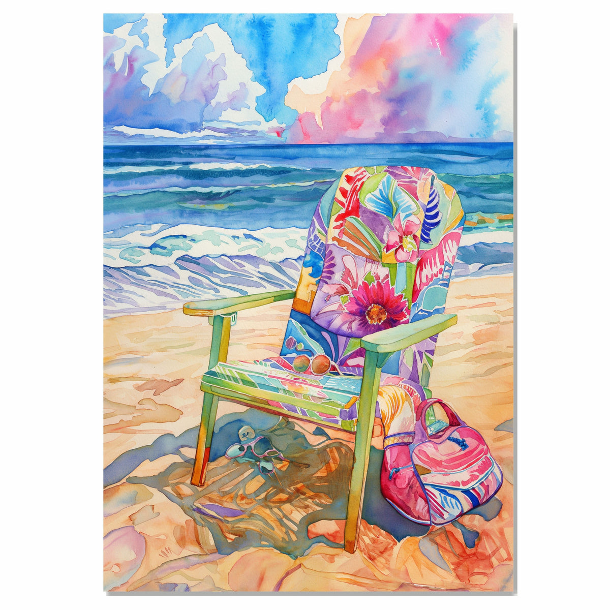 Watercolor Painting of Colorful Floral Beach Chair with Sunglasses and Bag on Sand Overlooking Ocean Waves and Sky on Ready to Hang 1.5" Thick Canvas Wrap, Floating Framed Canvas, Flat Rolled Canvas