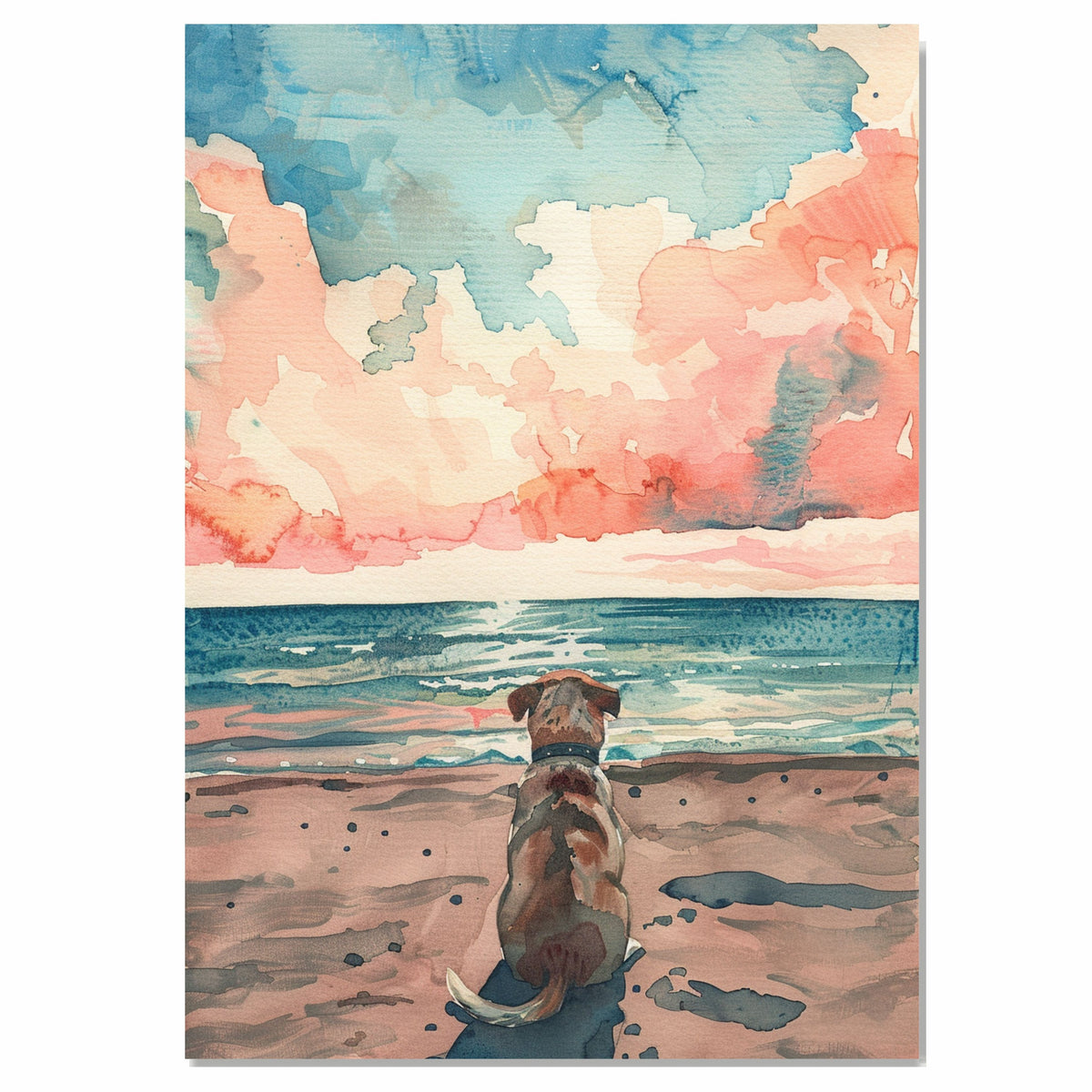 Watercolor Painting of a Dog Sitting on a Sandy Dune Path Watching a Peaceful Ocean Sunset Over Calm Waves on Ready to Hang 1.5" Thick Canvas Wrap, Floating Framed Canvas, Flat Rolled Canvas