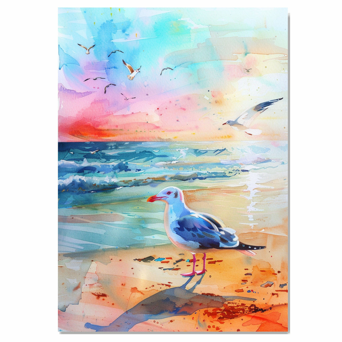 Vibrant Watercolor Seagull by Shoreline with Sunset Sky and Ocean Waves in a Peaceful Coastal Scene on Ready to Hang 1.5" Thick Canvas Wrap, Floating Framed Canvas, Flat Rolled Canvas