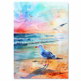 Vibrant Watercolor Seagull by Shoreline with Sunset Sky and Ocean Waves in a Peaceful Coastal Scene on Ready to Hang 1.5" Thick Canvas Wrap, Floating Framed Canvas, Flat Rolled Canvas