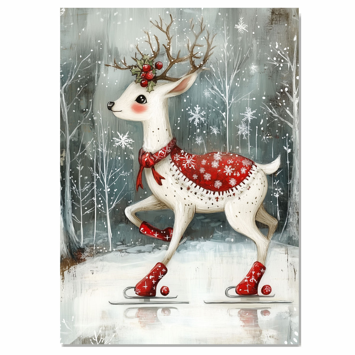 Whimsical Christmas Deer Ice Skating in Red Snowflake Blanket with Holly Antlers Woodland Winter Illustration Holiday Nursery Wall Art or Canvas Print on Ready to Hang 1.5" Thick Canvas Wrap, Floating Framed Canvas, Flat Rolled Canvas