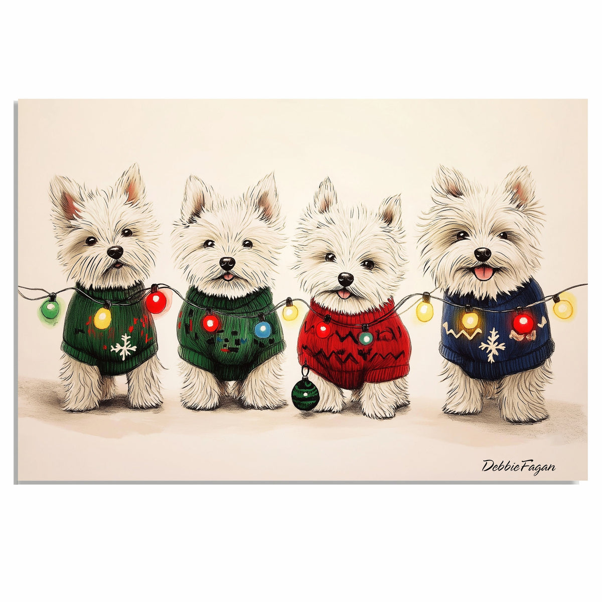 Dog Christmas Canvas  - "Winter Wonder Westies" - West Highland Terriers in Festive Sweaters & Christmas Lights on Ready to Hang 1.5" Thick Canvas Wrap, Floating Framed Canvas, Flat Rolled Canvas