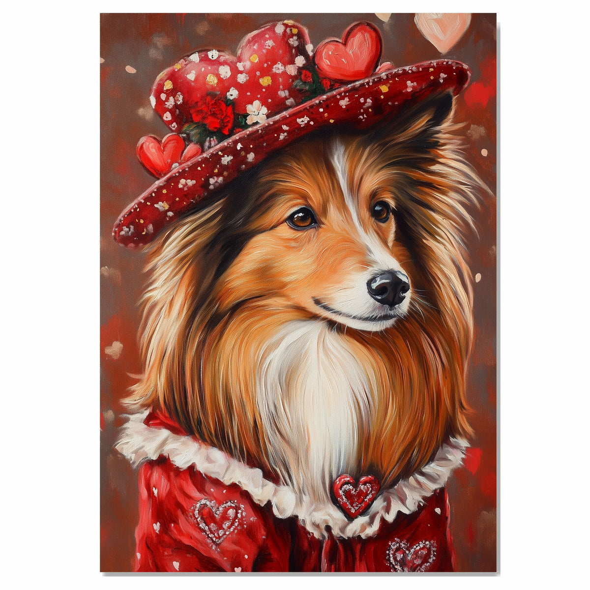 Regal Charm: Shetland Sheepdog in a Bold Red Suit and Hat on Ready to Hang 1.5" Thick Canvas Wrap, Floating Framed Canvas, Flat Rolled Canvas