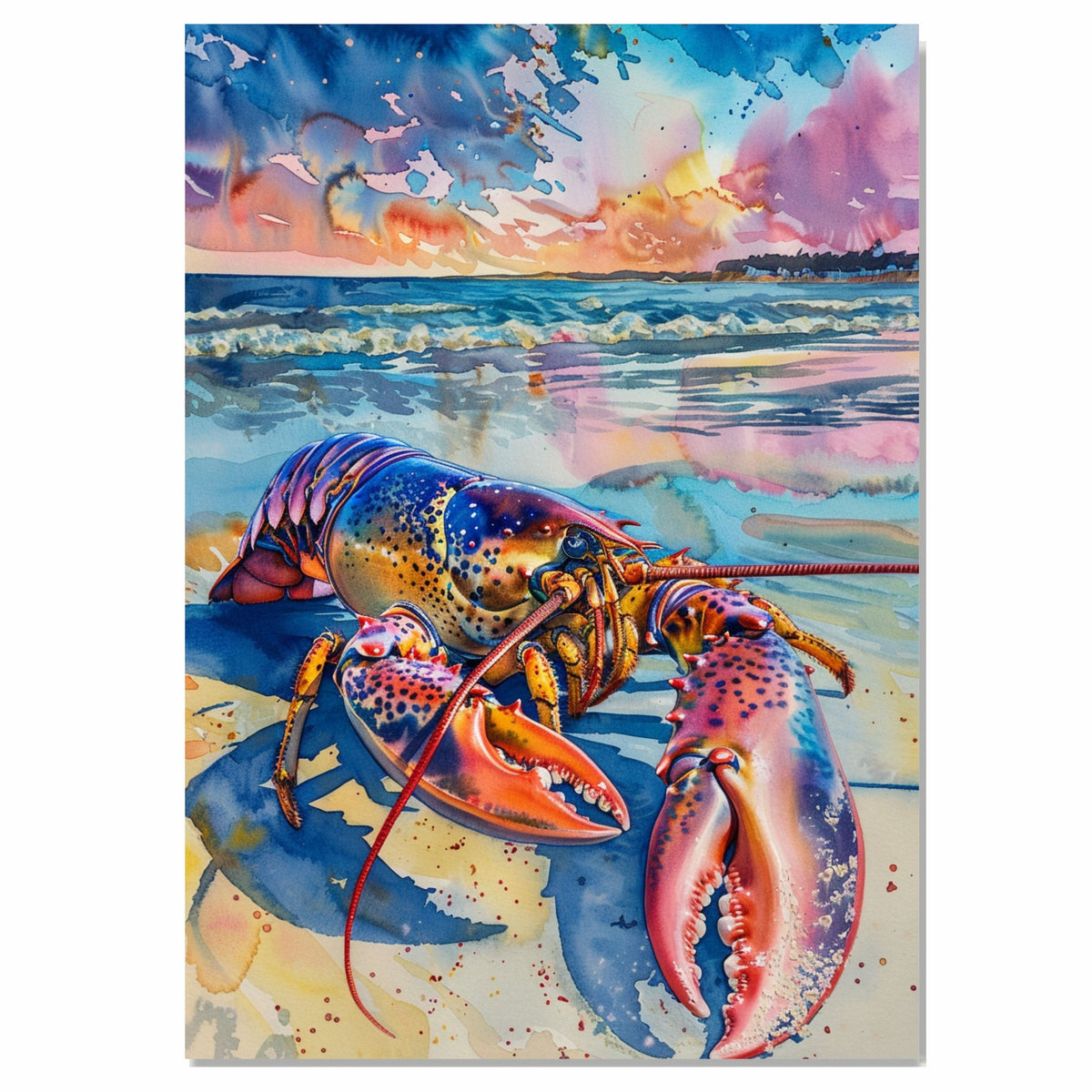 Watercolor Painting of a Colorful Lobster on the Beach with Waves and Vibrant Sunset Sky in Coastal Marine Style on Ready to Hang 1.5" Thick Canvas Wrap, Floating Framed Canvas, Flat Rolled Canvas