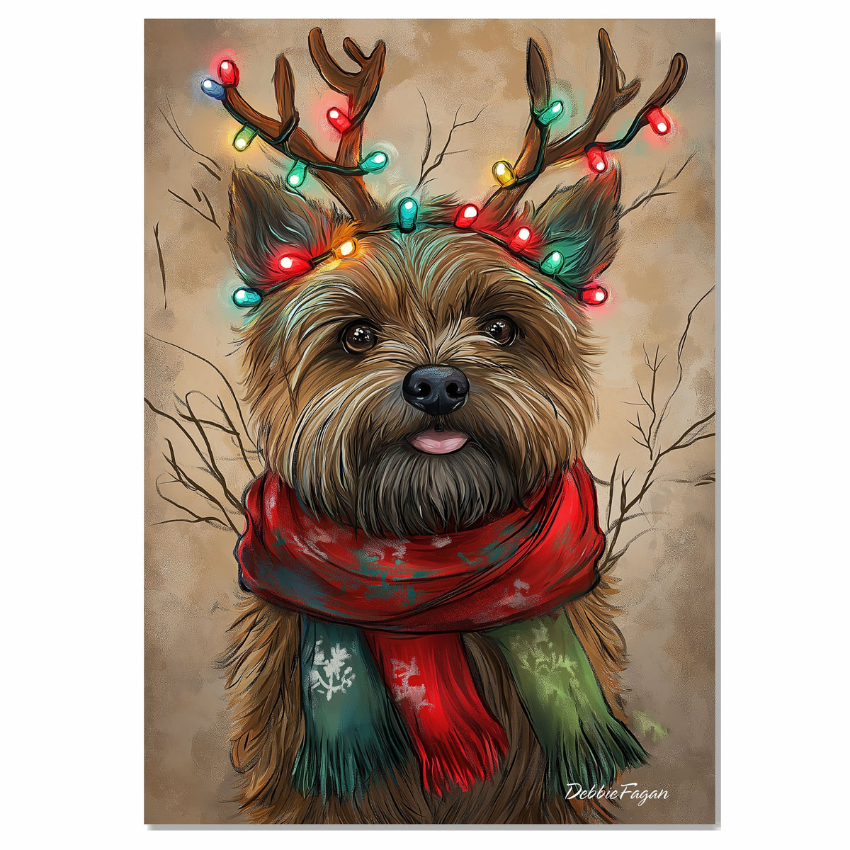 "Rustic Joy" - Cairn Terrier Dog with Lighted Antlers & Cozy Scarf on Rustic Canvas, Ready to Hang 1.5" Thick Canvas Wrap, Floating Framed Canvas, Flat Rolled Canvas