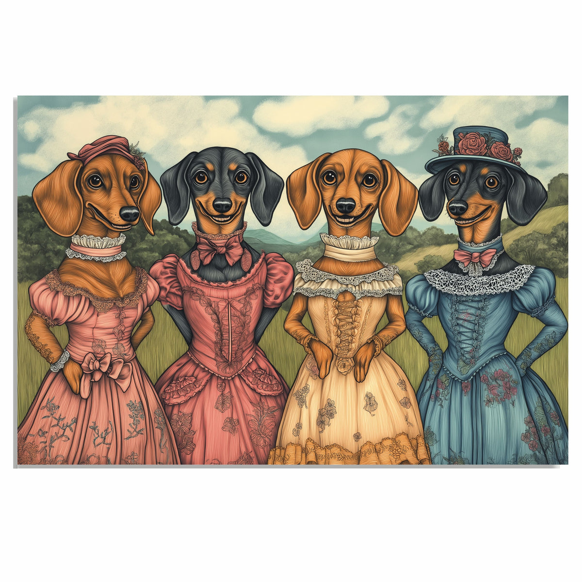 Victorian Dachshund Art Print with Four Sausage Dogs in Elegant Dresses A Whimsical Hand Drawn Dog Illustration Perfect for Unique Home or Gift Decor on Ready to Hang 1.5" Thick Canvas Wrap, Floating Framed Canvas, Flat Rolled Canvas