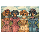 Victorian Dachshund Art Print with Four Sausage Dogs in Elegant Dresses A Whimsical Hand Drawn Dog Illustration Perfect for Unique Home or Gift Decor on Ready to Hang 1.5" Thick Canvas Wrap, Floating Framed Canvas, Flat Rolled Canvas
