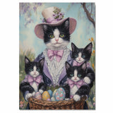 Springtime Surprise: Tuxedo Cat Mom Carrying Three Kittens in a Basket of Easter Eggs - Delightful Holiday Painting on Ready to Hang 1.5" Thick Canvas Wrap, Floating Framed Canvas, Flat Rolled Canvas