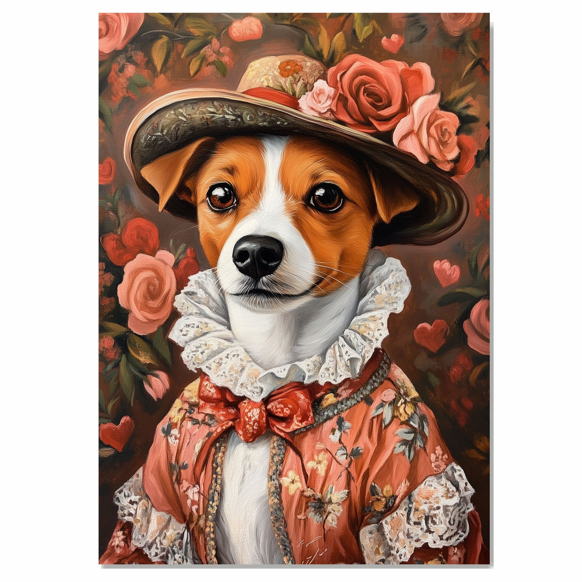 Victorian Grace: Jack Russell Dog in a Hearty Flowery European Dress and Hat Whimsical Art on Ready to Hang 1.5" Thick Canvas Wrap, Floating Framed Canvas, Flat Rolled Canvas