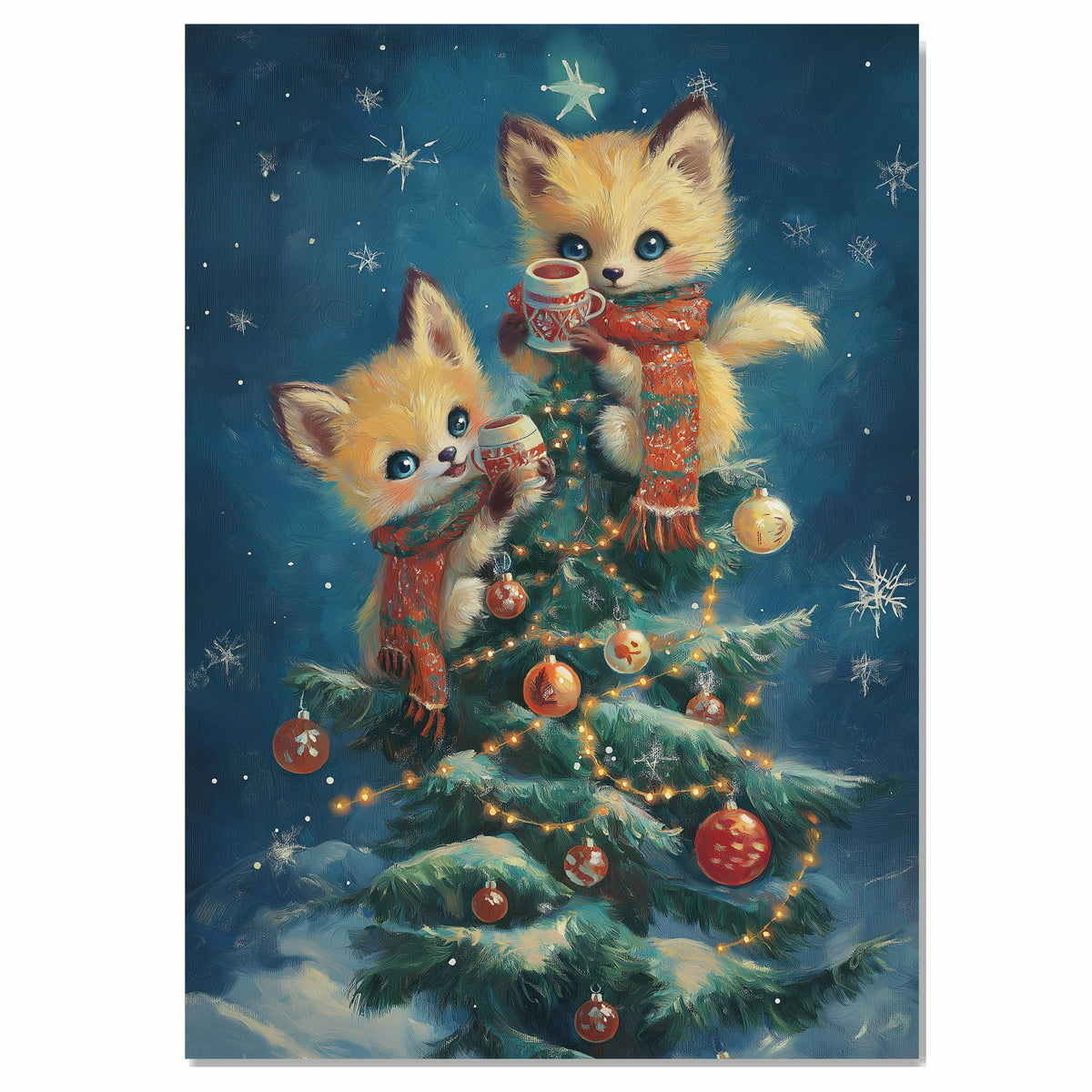 Two Baby Foxes in Scarves Holding Cocoa on Christmas Tree Surrounded by Ornaments and Lights in Winter Night Scene Holiday Art Print for Cozy Decor on Ready to Hang 1.5" Thick Canvas Wrap, Floating Framed Canvas, Flat Rolled Canvas