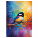 Colorful Chickadee on a Branch with Rainbow Background and Expressive Brush Strokes on Ready to Hang 1.5" Thick Canvas Wrap, Floating Framed Canvas, Flat Rolled Canvas