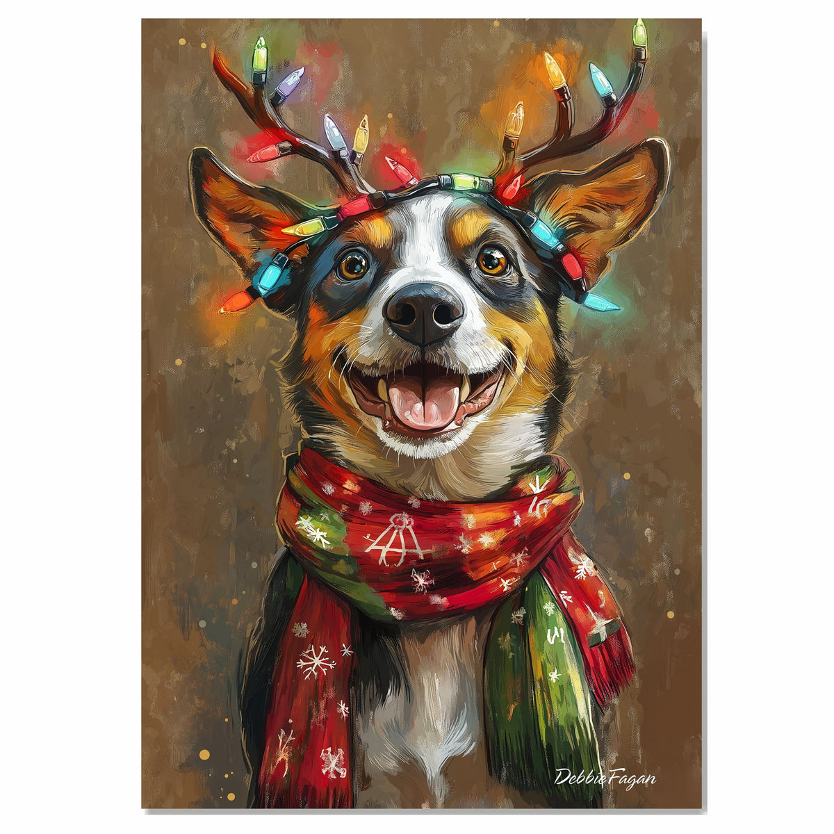 Holiday Bliss - 'Rustic Cheer' - Australian Shepherd Dog with Lighted Antlers & Cozy Scarf on Rustic Background, Ready to Hang 1.5" Thick Canvas Wrap, Floating Framed Canvas, Flat Rolled Canvas