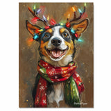 Holiday Bliss - 'Rustic Cheer' - Australian Shepherd Dog with Lighted Antlers & Cozy Scarf on Rustic Background, Ready to Hang 1.5" Thick Canvas Wrap, Floating Framed Canvas, Flat Rolled Canvas