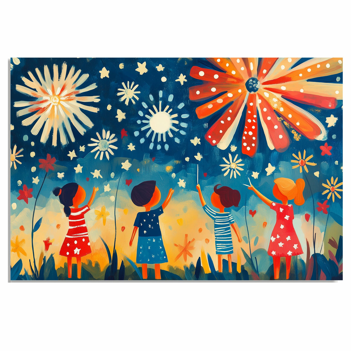 Whimsical Folk Art of Children Watching Fireworks on 4th of July Night, Playful Patriotic Scene with Stars, Bursts of Color, and Red, White, and Blue Outfits on Ready to Hang 1.5" Thick Canvas Wrap, Floating Framed Canvas, Flat Rolled Canvas