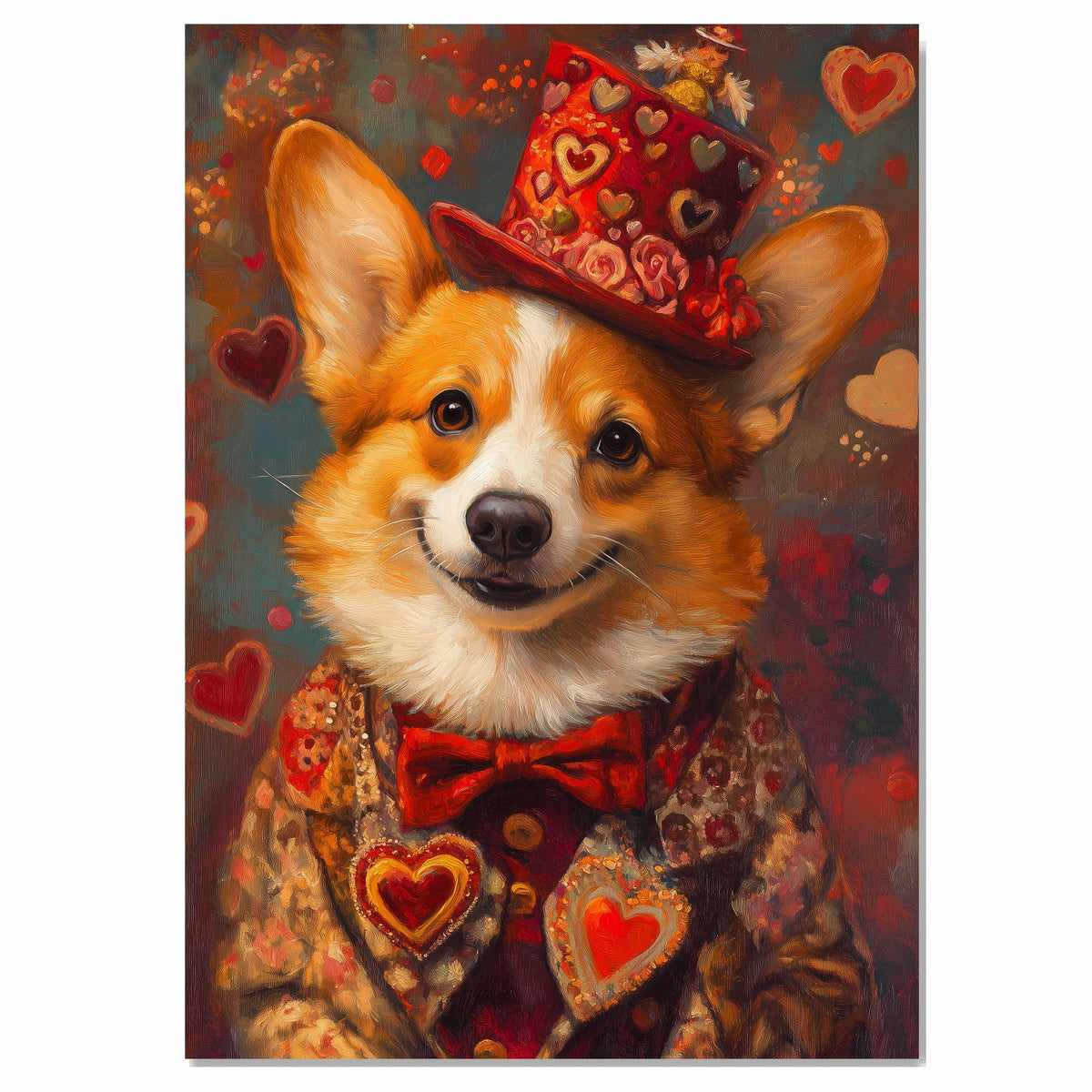 Aristocratic Love: Corgi in an Elegant European Red Dress and Hat with a Heartfelt Touch Timeless Painting on Ready to Hang 1.5" Thick Canvas Wrap, Floating Framed Canvas, Flat Rolled Canvas