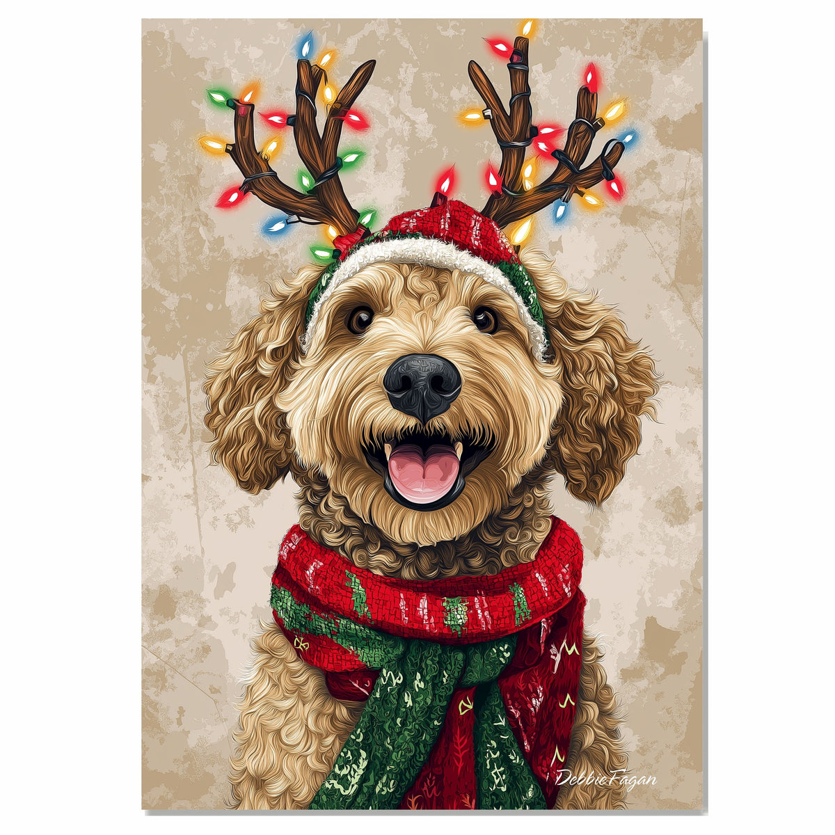 'Rustic Glow' - Bernedoodle Dog with Twinkling Antlers & Holiday Scarf on Rustic Background, Ready to Hang 1.5" Thick Canvas Wrap, Floating Framed Canvas, Flat Rolled Canvas