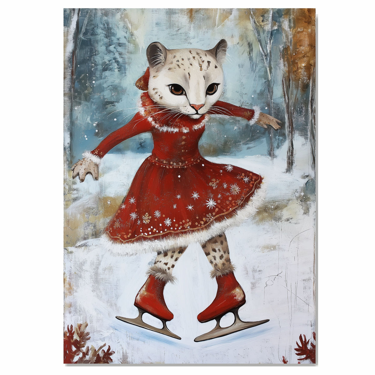 Whimsical Christmas Wall Art of Ice-Skating Cougar in Red Dress Gliding Through a Snowy Woodland Scene – Holiday Decor for Winter Charm and Animal Lovers on Ready to Hang 1.5" Thick Canvas Wrap, Floating Framed Canvas, Flat Rolled Canvas