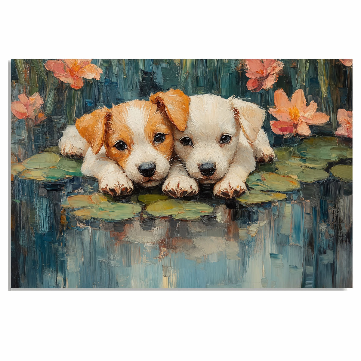 Two Adorable Puppies Lying on Lily Pads in a Pond Surrounded by Colorful Flowers, Impressionist Style Painting Full of Charm, Nature, and Tranquility on Ready to Hang 1.5" Thick Canvas Wrap, Floating Framed Canvas, Flat Rolled Canvas