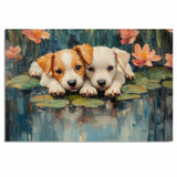 Two Adorable Puppies Lying on Lily Pads in a Pond Surrounded by Colorful Flowers, Impressionist Style Painting Full of Charm, Nature, and Tranquility on Ready to Hang 1.5" Thick Canvas Wrap, Floating Framed Canvas, Flat Rolled Canvas