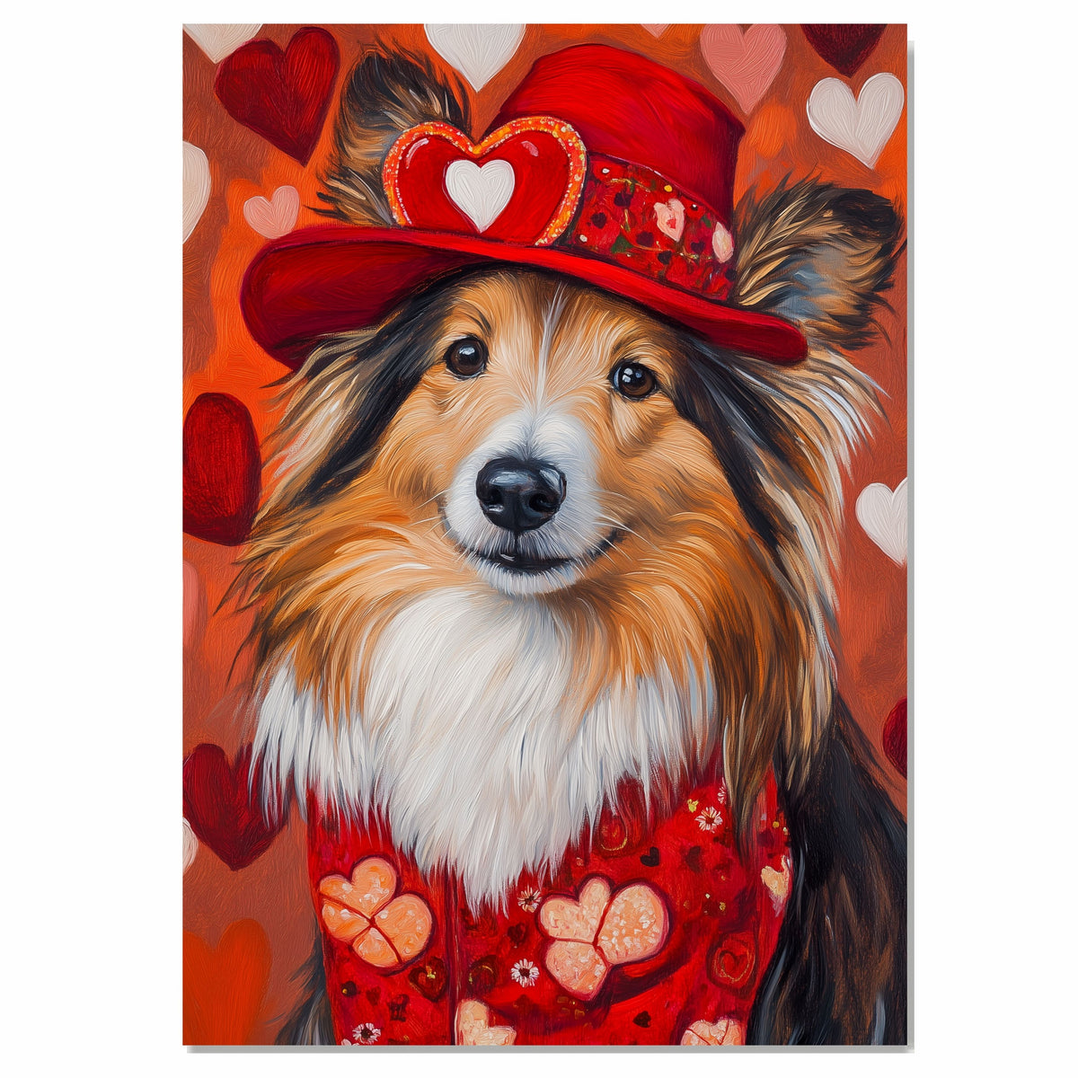 Sophisticated Style: Shetland Sheepdog in a Dashing Red Suit and Hat on Ready to Hang 1.5" Thick Canvas Wrap, Floating Framed Canvas, Flat Rolled Canvas