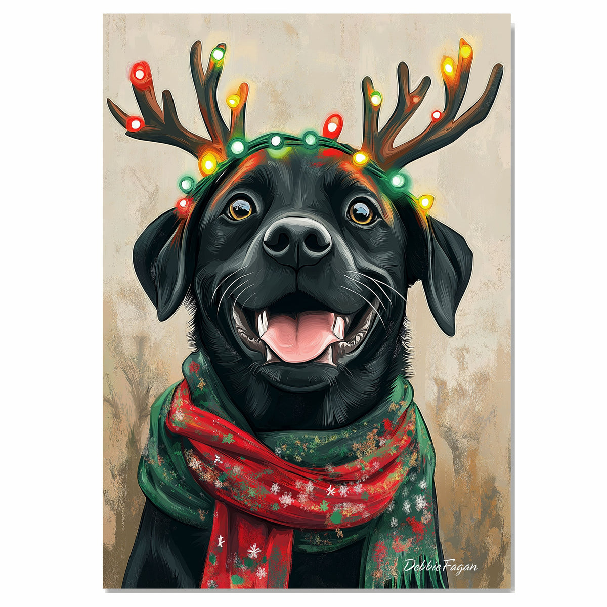 "Rustic Noel" - Black Labrador Dog with Festive Antlers & Cozy Scarf on Rustic Canvas, Ready to Hang 1.5" Thick Canvas Wrap, Floating Framed Canvas, Flat Rolled Canvas