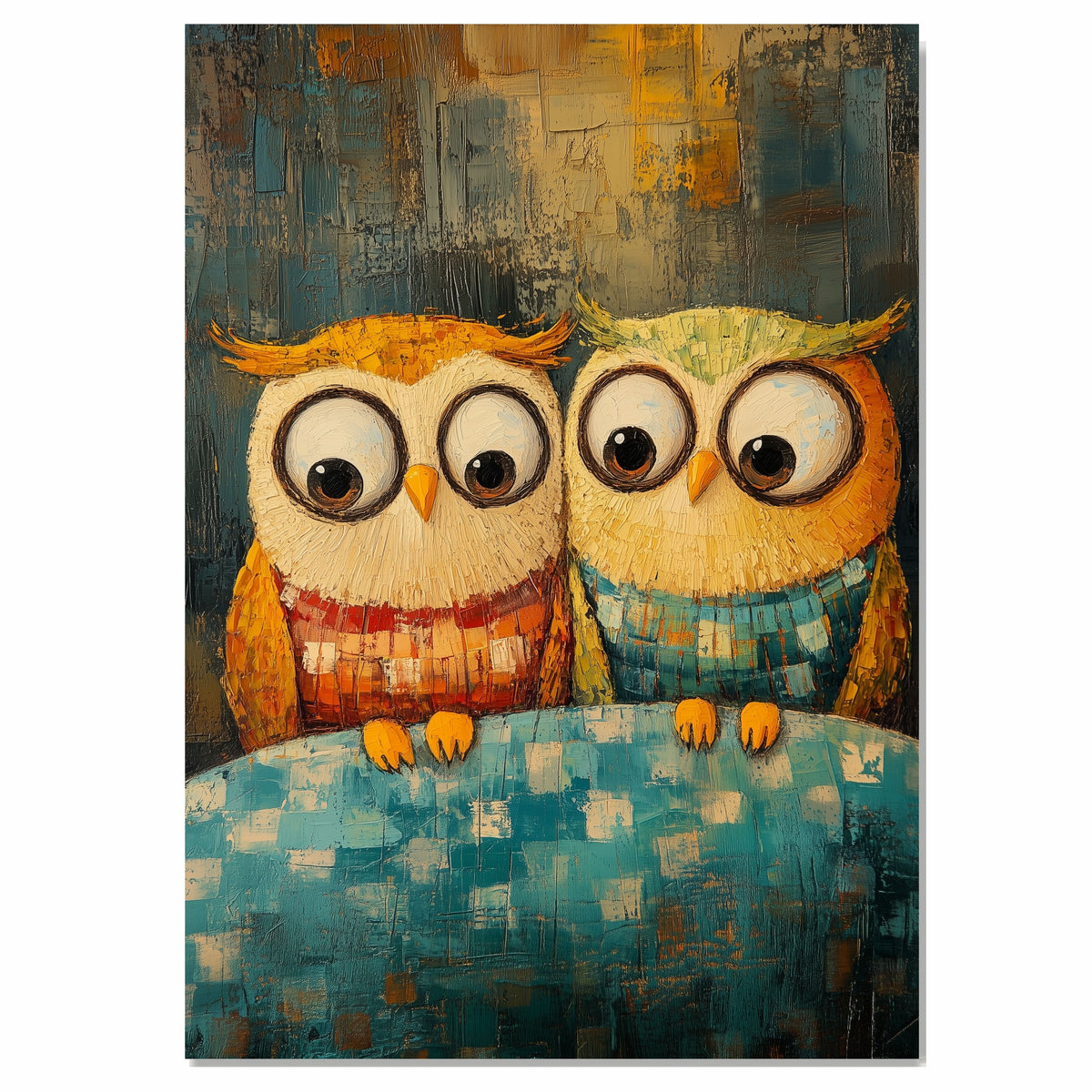 Whimsical Painting of Two Cute Colorful Owls in Sweaters Sitting Together on a Cozy Blanket in a Textured Artistic Style on Ready to Hang 1.5" Thick Canvas Wrap, Floating Framed Canvas, Flat Rolled Canvas