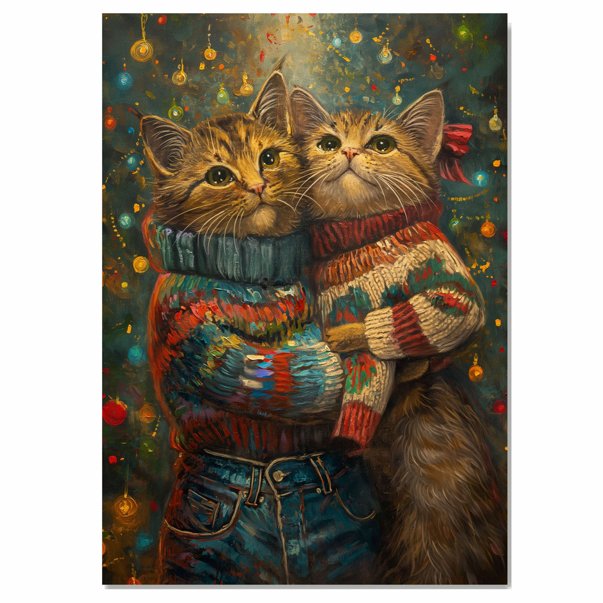 Christmas Kittens Hugging in Cozy Sweaters Adorable Holiday Cat Painting Festive Winter Scene for Home Office Seasonal Decoration or Christmas Gift on Ready to Hang 1.5" Thick Canvas Wrap, Floating Framed Canvas, Flat Rolled Canvas