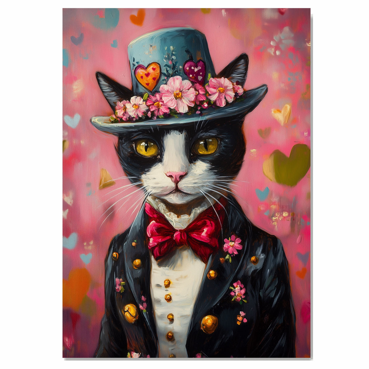 Regal Charm: Tuxedo Cat in a Flowery Hat and Elegant European Suit - Distinguished Classic Painting on Ready to Hang 1.5" Thick Canvas Wrap, Floating Framed Canvas, Flat Rolled Canvas