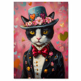 Regal Charm: Tuxedo Cat in a Flowery Hat and Elegant European Suit - Distinguished Classic Painting on Ready to Hang 1.5" Thick Canvas Wrap, Floating Framed Canvas, Flat Rolled Canvas