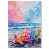 Watercolor Painting of Rainbow Beach Chairs on the Shoreline with Vibrant Ocean Waves and Pastel Sunset Sky on Ready to Hang 1.5" Thick Canvas Wrap, Floating Framed Canvas, Flat Rolled Canvas