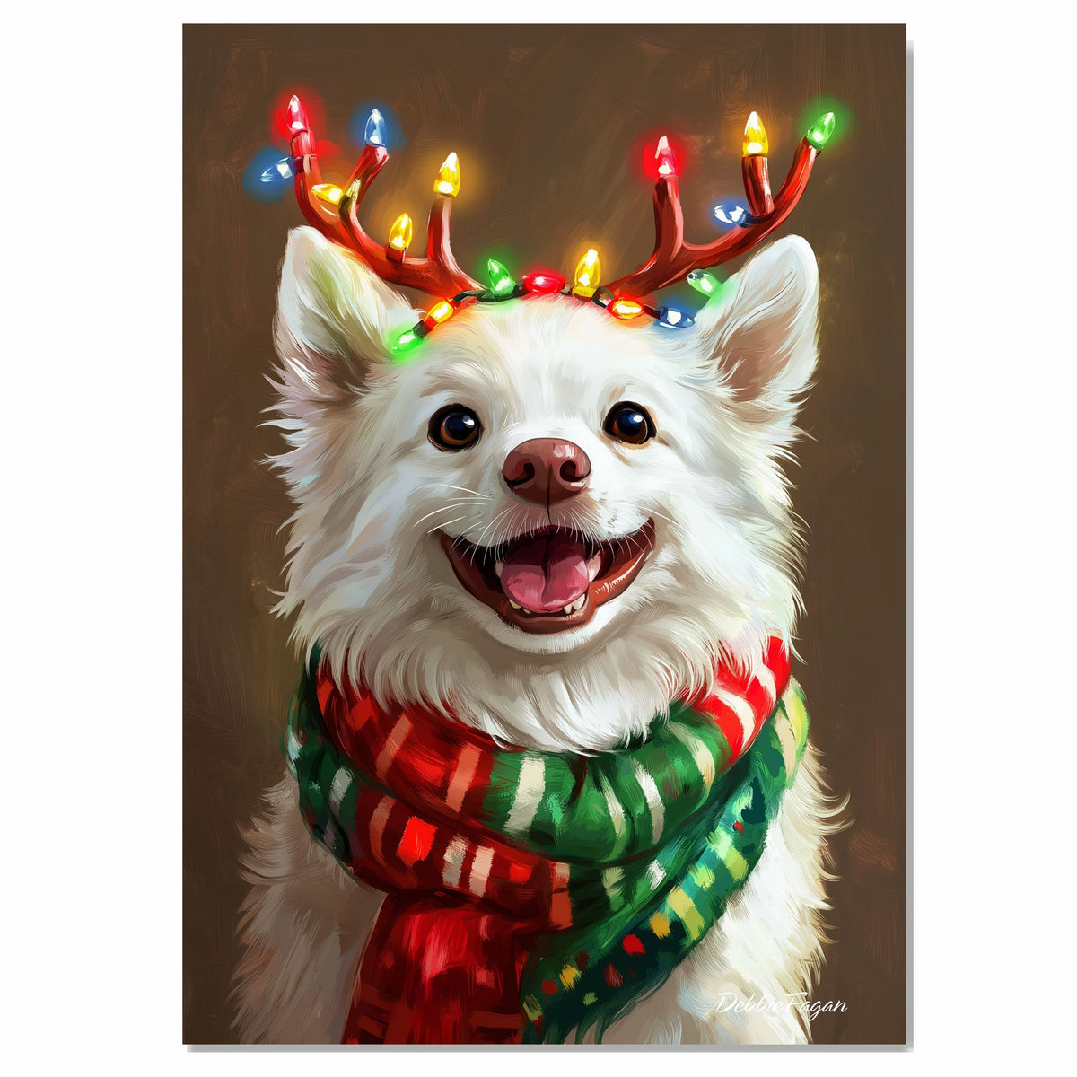 Frosty Festivities' - American Eskimo Dog with Twinkling Antlers & Cozy Scarf on Rustic Background, Ready to Hang 1.5" Thick Canvas Wrap, Floating Framed Canvas, Flat Rolled Canvas