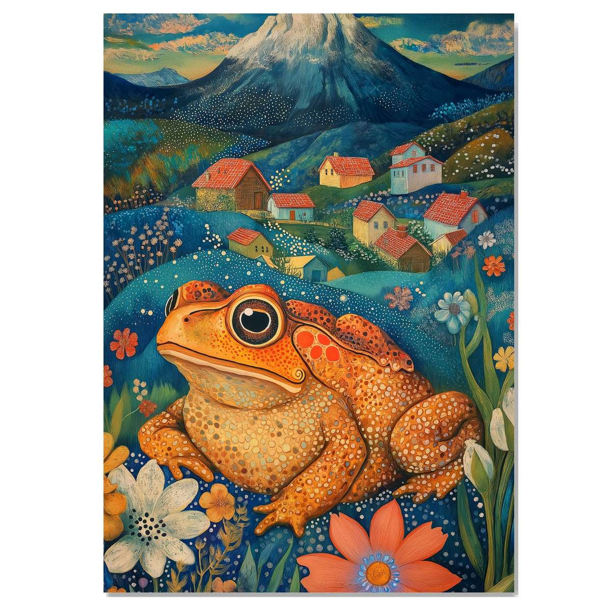 Bright Colorful Toad in Flower Field Hand Painted Art Vibrant Countryside Landscape Perfect for Home Wall Decor Living Room Bedroom Office or Nature Lovers on Ready to Hang 1.5" Thick Canvas Wrap, Floating Framed Canvas, Flat Rolled Canvas