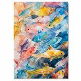 Colorful Watercolor Fish School Underwater Scene with Bright Tropical Marine Life in Abstract Ocean Palette on Ready to Hang 1.5" Thick Canvas Wrap, Floating Framed Canvas, Flat Rolled Canvas