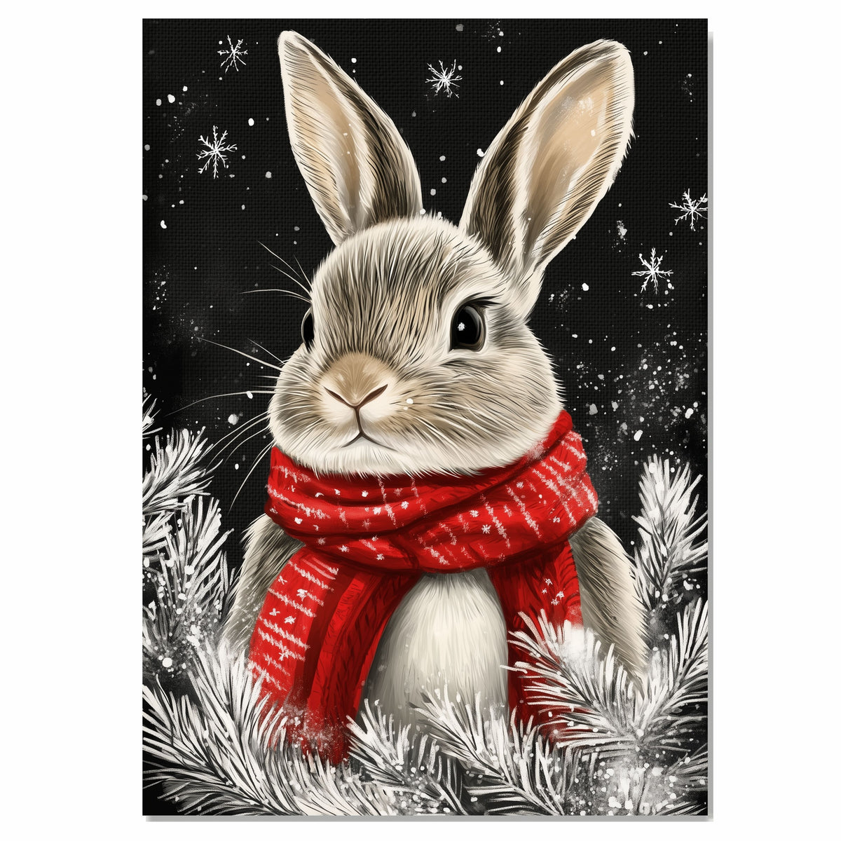 "Cozy Snow Bunny" - Bunny in Red Scarf Sitting in Winter Snow on Ready to Hang 1.5" Thick Canvas Wrap, Floating Framed Canvas, Flat Rolled Canvas