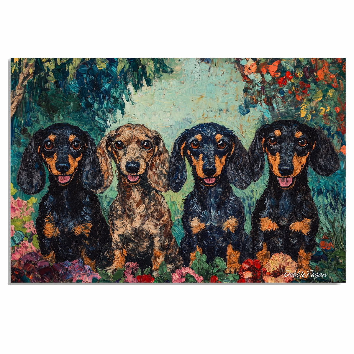 Van Gogh-Style Canvas Painting of Four Dachshund Dogs in a Colorful Floral Garden Setting on Ready to Hang 1.5" Thick Canvas Wrap, Floating Framed Canvas, Flat Rolled Canvas