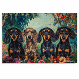 Van Gogh-Style Canvas Painting of Four Dachshund Dogs in a Colorful Floral Garden Setting on Ready to Hang 1.5" Thick Canvas Wrap, Floating Framed Canvas, Flat Rolled Canvas