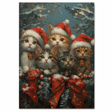 Vintage Style Painting of Five Christmas Kittens in Santa Hats with Bells and Red Bows Perfect for Holiday Decor or a Cute Seasonal Gift for Cat Lovers on Ready to Hang 1.5" Thick Canvas Wrap, Floating Framed Canvas, Flat Rolled Canvas