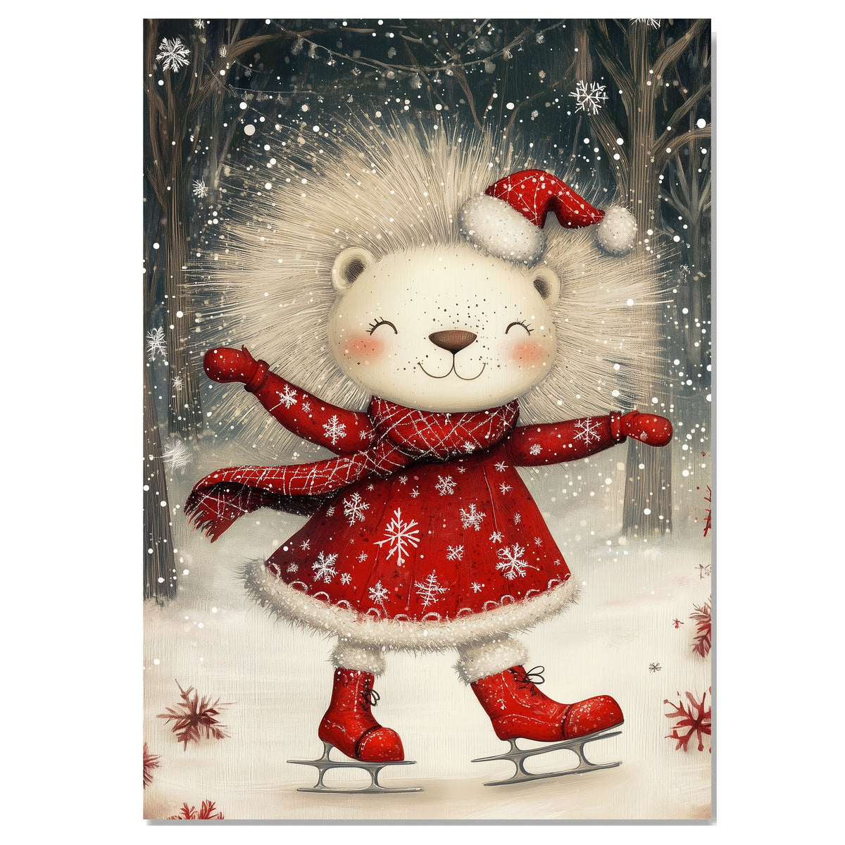 Whimsical Christmas Lion Ice Skating in Red Snowflake Dress and Santa Hat – Festive Holiday Animal Art for Winter Nursery Decor, Gifts, or Seasonal Cheer on Ready to Hang 1.5" Thick Canvas Wrap, Floating Framed Canvas, Flat Rolled Canvas