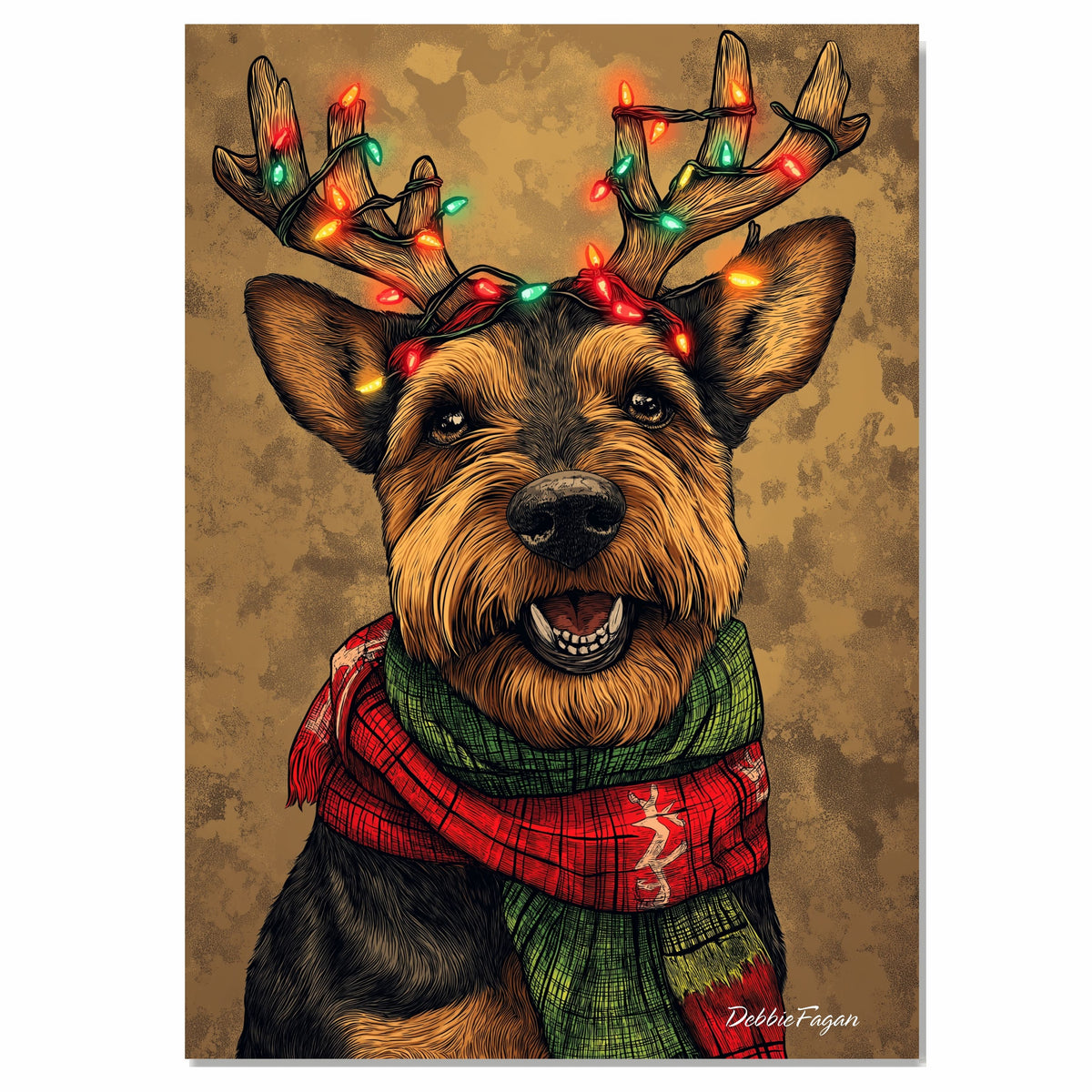 Airedale Holiday Cheer - 'Festive Fuzz' - Airedale Dog with Lit Antler Headband & Cozy Scarf on Rustic Background, Ready to Hang 1.5" Thick Canvas Wrap, Floating Framed Canvas, Flat Rolled Canvas