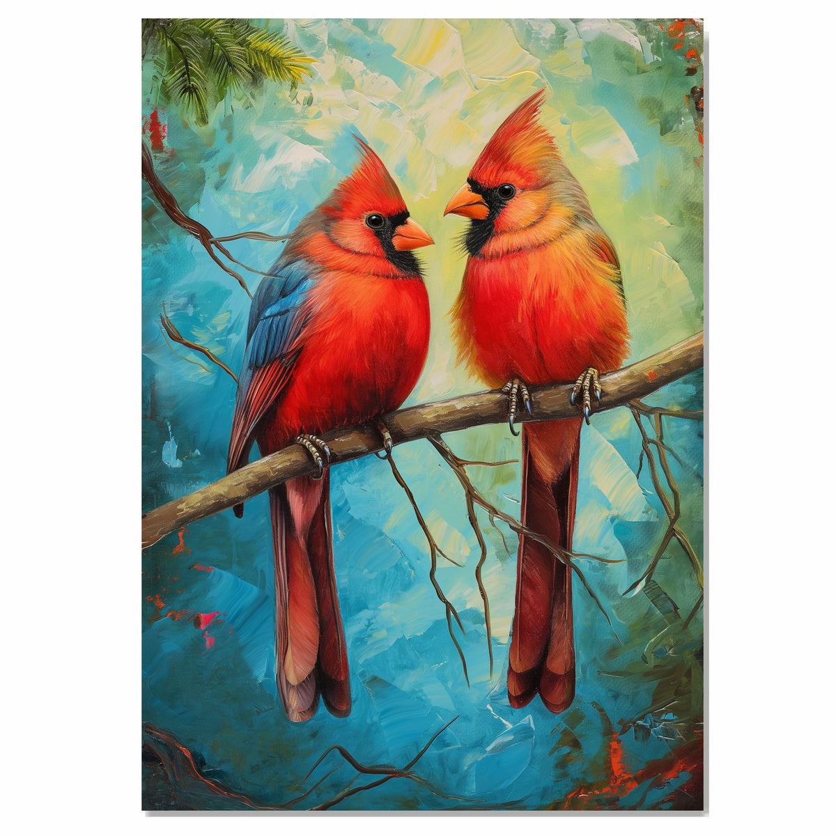 Wildlife-Inspired Red Cardinal Painting – Realistic Birds in Nature with a Vivid Artistic Twist for Outdoor and Nature Theme Enthusiasts on Ready to Hang 1.5" Thick Canvas Wrap, Floating Framed Canvas, Flat Rolled Canvas