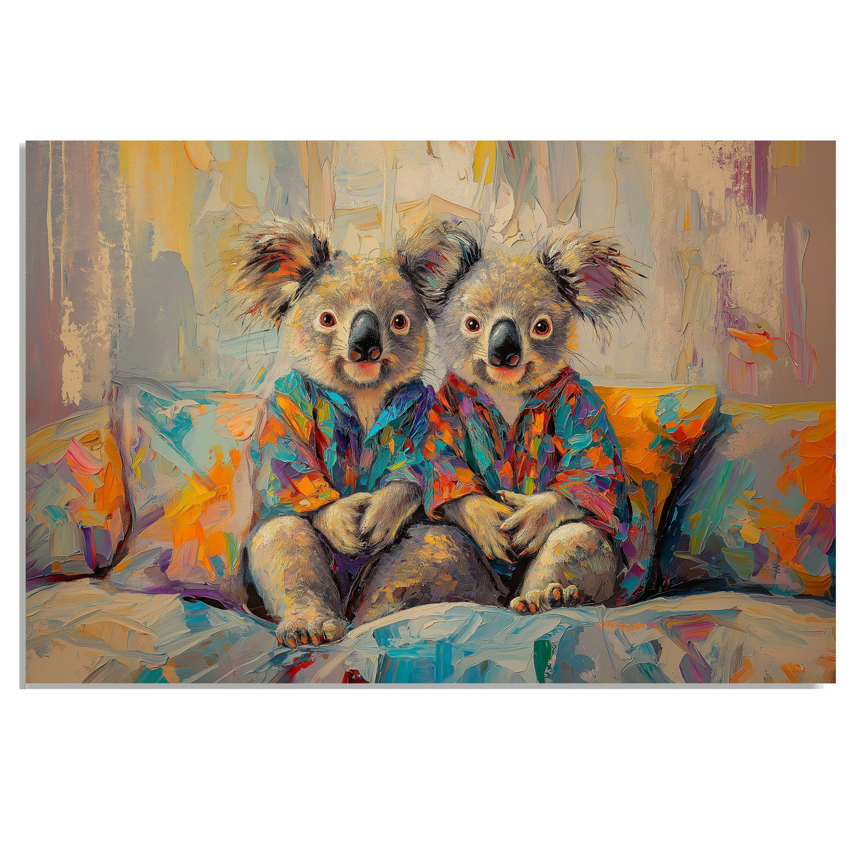 Vibrant Painting of Two Koalas in Bright Pajamas Sitting on a Colorful Bed Surrounded by Pillows with Cheerful Expressions and Playful Abstract Texture on Ready to Hang 1.5" Thick Canvas Wrap, Floating Framed Canvas, Flat Rolled Canvas